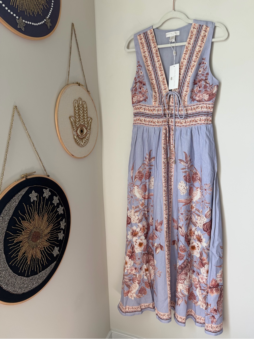 Caroline Constas Periwinkle Blue Floral Sleeveless Linen Maxi Dress